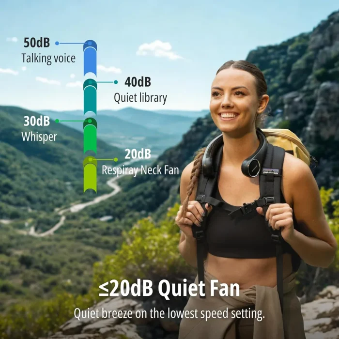 Quiet neck fan: 20 dB or less, compared with a whisper, a library and a talking voice