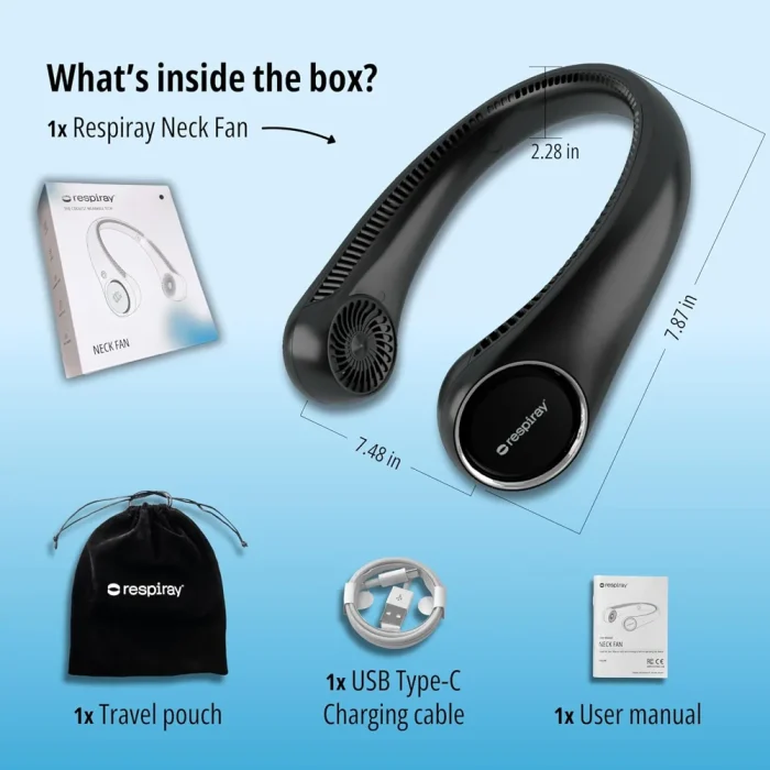 What is inside the box: neck fan, travel pouch, USB-C charging cable, user manual