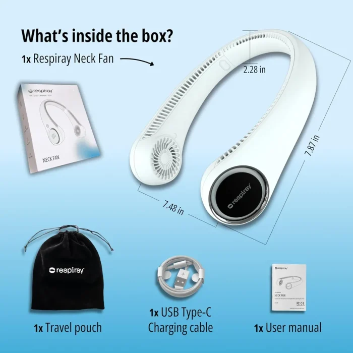 What is inside the box: neck fan, travel pouch, USB-C charging cable, user manual